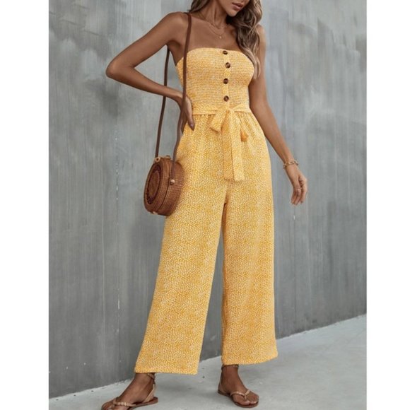 Yellow Boho Womens Allover Print Pocket Side Belted Tube Jumpsuit - Picture 2 of 9